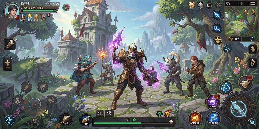 Screenshot gameplay EVIP2 yang menampilkan pertempuran epik di dunia ARPG.