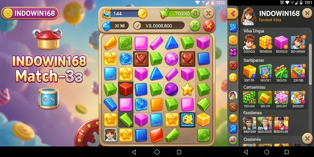 Tangkapan layar utama INDOWIN168 menampilkan gameplay Match-3 yang seru.