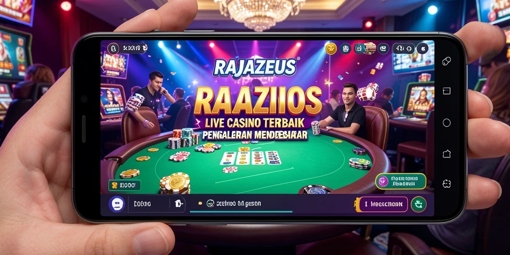 Screenshot utama RAJAZEUS menampilkan dealer langsung dalam aksi di permainan kasino.